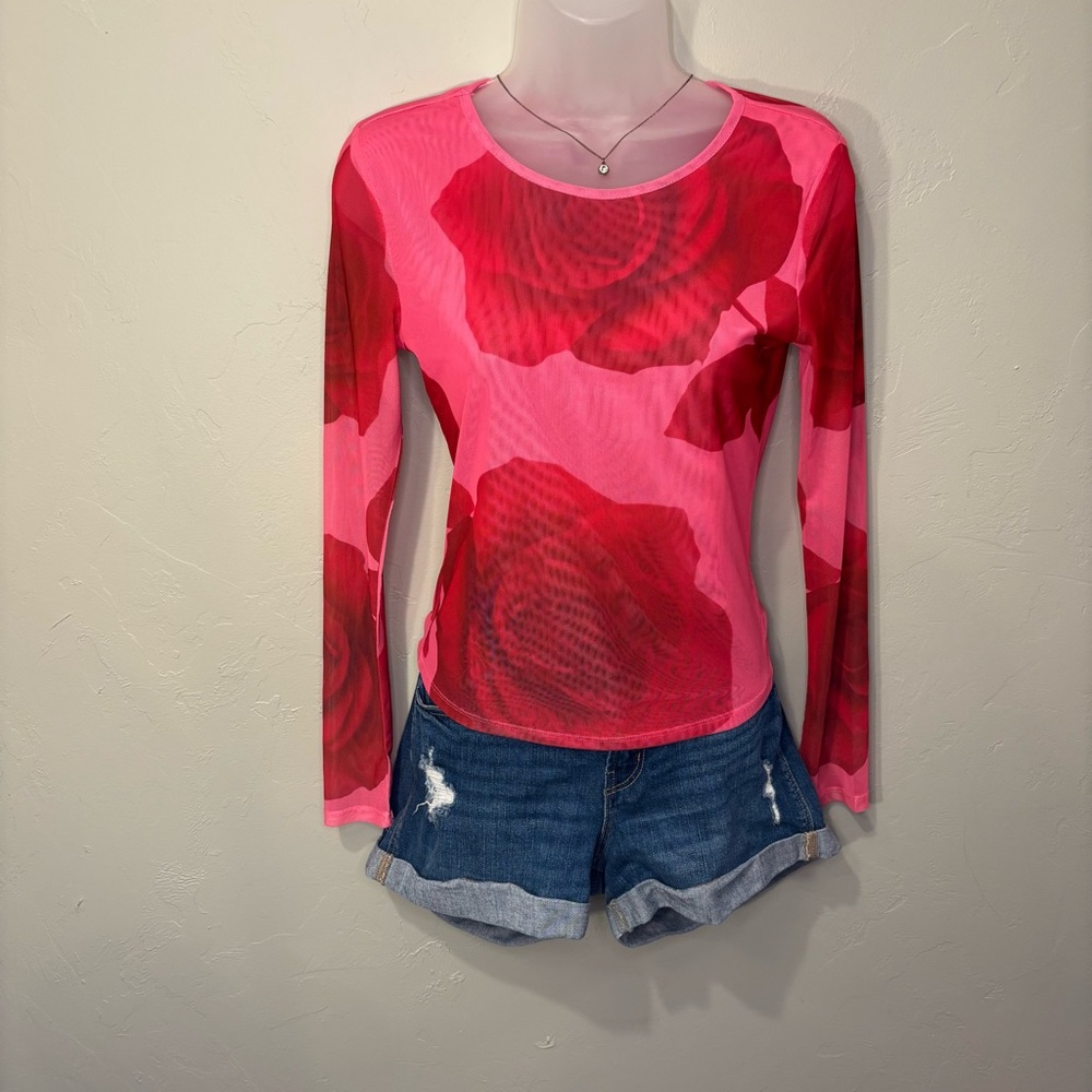 Madden Girl Mesh Long Sleeve Valentines Rose Top Size Medium